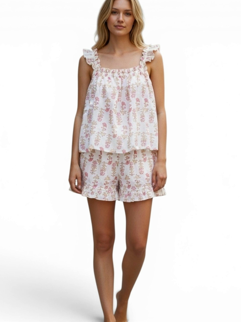 Women's Pink Floral Ruffle Cami & Short Sleep Set Lotus Flower Whimiscal XL